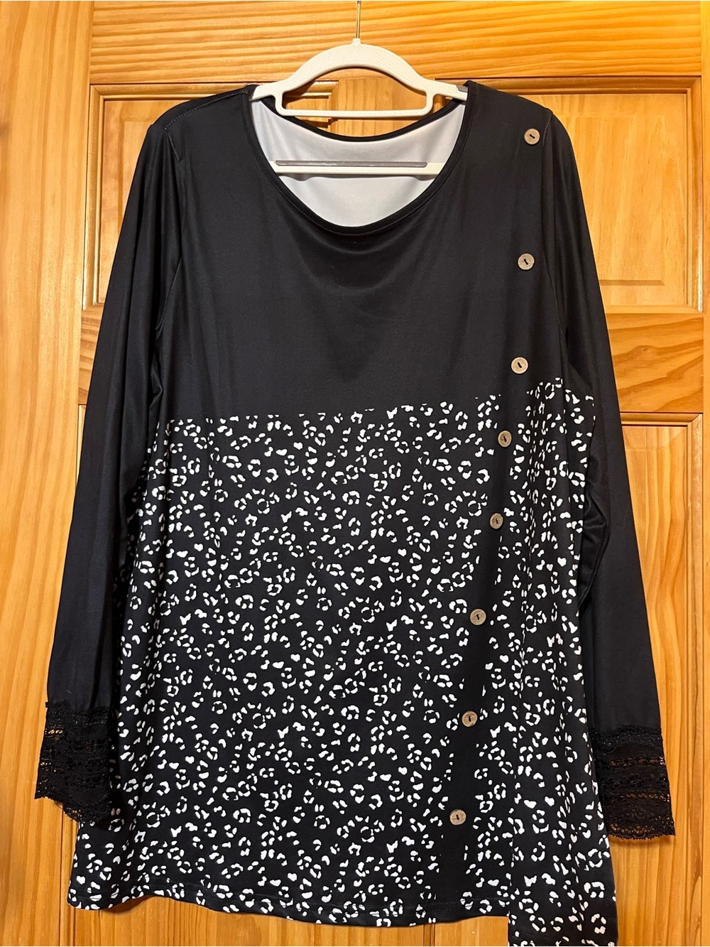 Black & White Leopard Print Long Sleeve Top with Button Detail